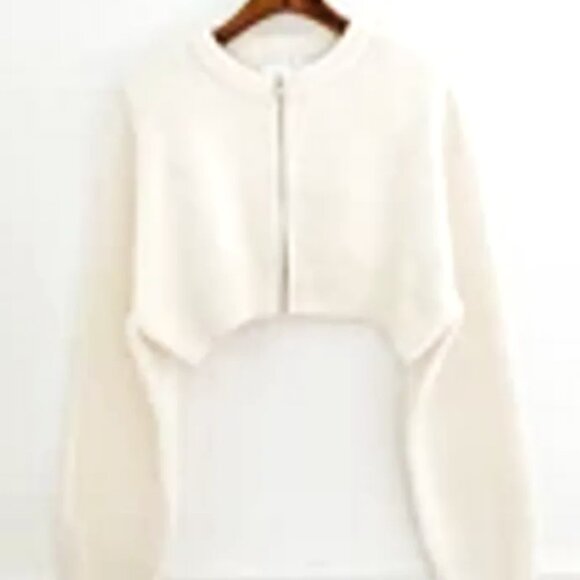 CREAMY WHITE LOOSE CROPPED KNIT M RIBBED CARDIGAN WITH METAL INDUSTRIAL ZIPPER - Picture 1 of 1